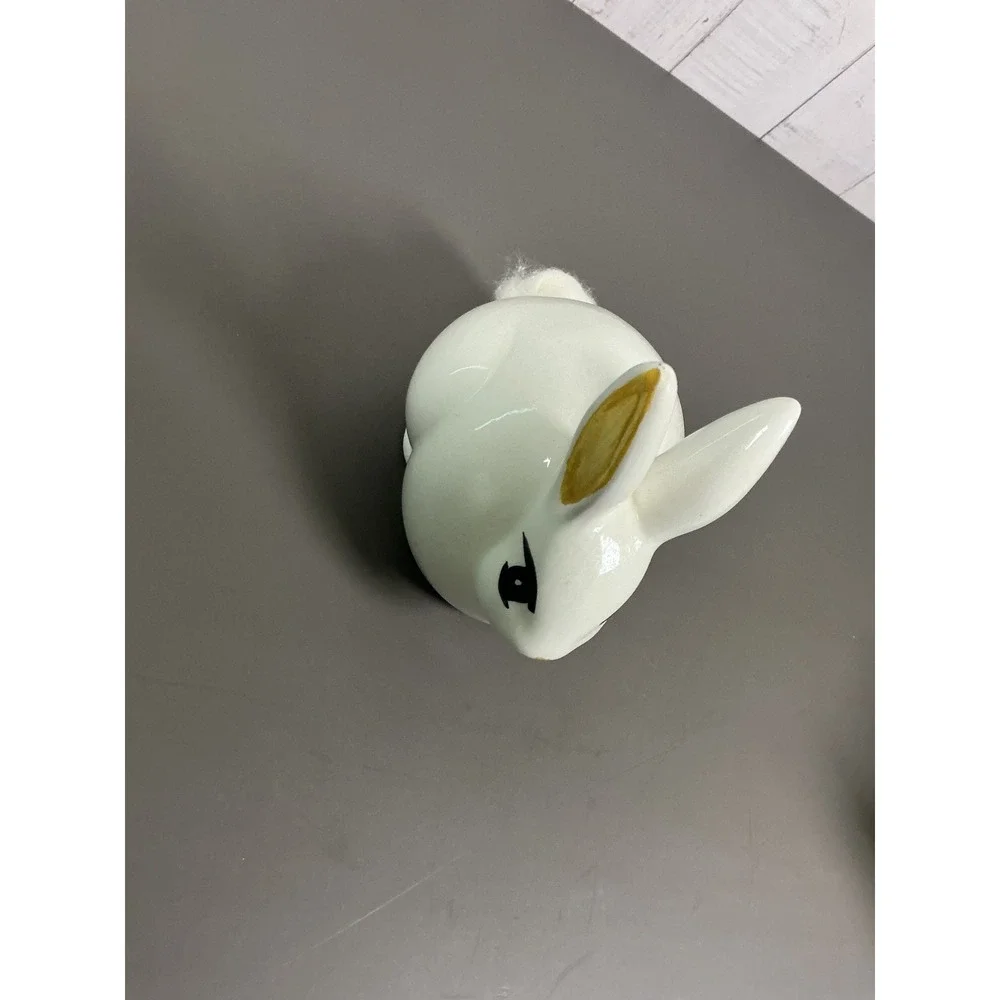 Vintage White Ceramic Bunny Rabbit Figurine Fluffy Tail Hand Painted Gold Ears